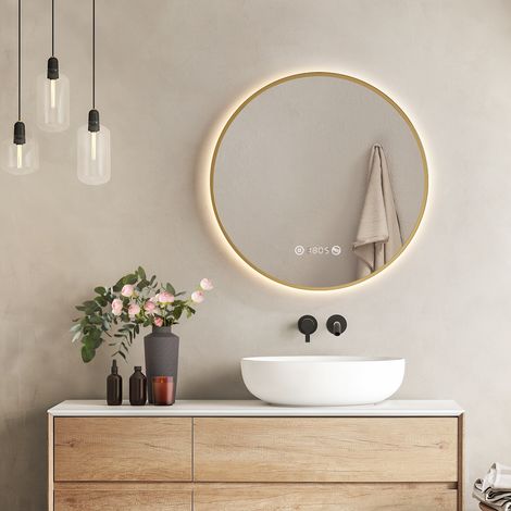 EMKE Runder LED Badspiegel 60cm Goldrahmen mit Antibeschlag, Neutrales Licht, Uhr & Temperaturanzeige, Dimmbar mit Memory-Funktion (1/5)