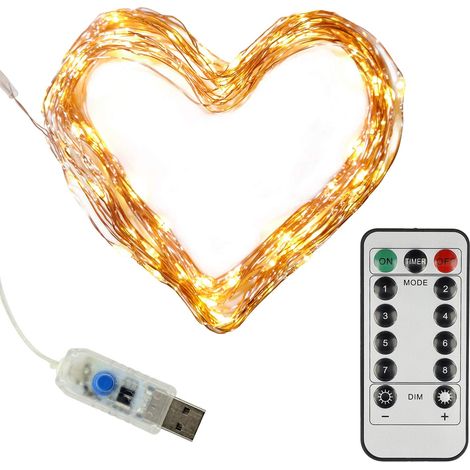 Clauss Clauss10002 - Mini catena luminosa a LED con porta USB e telecomando, diverse funzioni, 100 LED in bianco caldo, 10 m, filo di rame, interno 5 Volt (1/4)