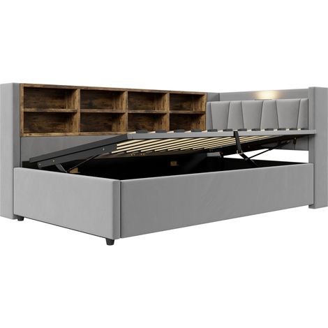 Cama con canapé 90 x 200 cm de terciopelo gris claro con LED, USB y puertos Type-C (1/5)