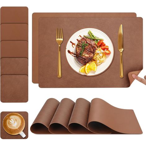 Tischsets und Untersetzer, Tischsets, 6er-Set, waschbare doppelseitige zweifarbige Leder-Tischsets, leicht zu reinigende rutschfeste Tischsets (Khaki/Khaki, 6er-Set)