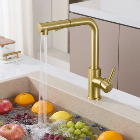 Robinet de cuisine avec douchette extractible, 2 jets, douchette extractible pivotante à 360° Mitigeur de cuisine, finition or brossé