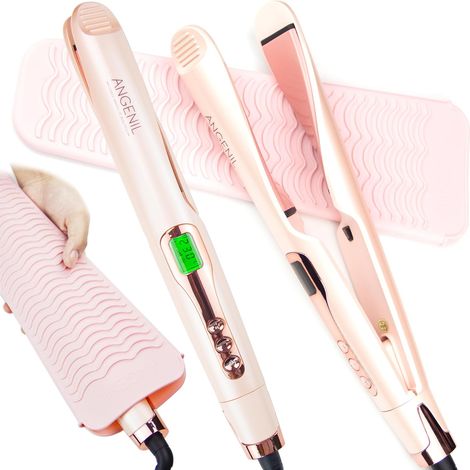 Lisseur Ceramic Twist pour femmes, lisseur et fer à boucler 2 en 1 pour lisser, boucler, onduler, fer à lisser rond rose double tension avec tapis en silicone résistant à la chaleur (1/5)