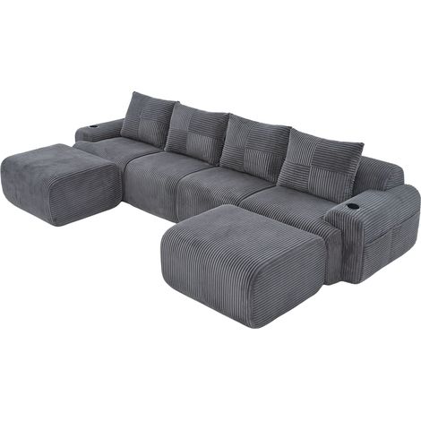 Modulares 4-Sitzer-Sofa aus dunkelgrauem Cord mit 2 Poufs, Becherhalter und Seitentasche (1/5)