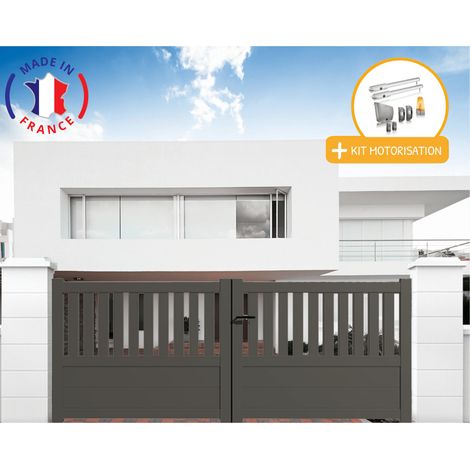 Portail aluminium battant semi-ajouré en kit + Motorisation dimensions L.3000 (entre piliers) X H.1300 mm SGS Essential (vérins) Couleurs Gris quartz (RAL 7039) (1/2)