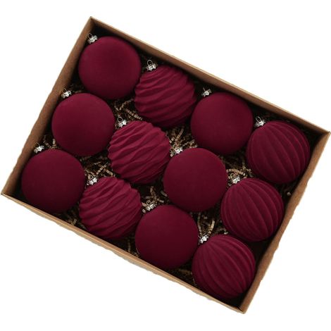 décorations de boules de Noël rétro exquises de en velours bordeaux 12 pièces 8 cm