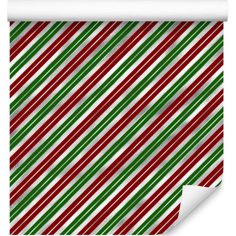 Papel pintado de rayas navideñas rojas y verdes para salón y dormitorio, 50x1000 cm. (1/5)