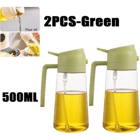 (Lot de 2 verts) Vaporisateur d'huile 2 en 1 de 500 ml en plastique - Distributeur d'huile, flacon pulvérisateur, burette à huile, outil de cuisine pour barbecue, pâtisserie, rôtissage et pique-nique (1/5)