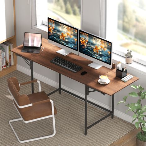 Bureau pliant table d'ordinateur 2 rabats pliables pour 2 écrans. pour chambre. petits espaces. 170 x 58 x 78 cm noyer
