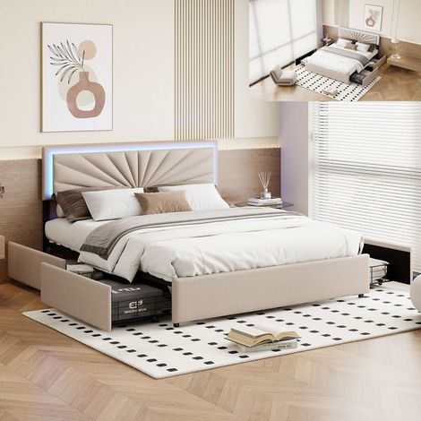 Bett 140x200 cm beige aus Leinen mit integrierter LED und 4 Schubladen - zeitgenössischer skandinavischer Doppelrahmen