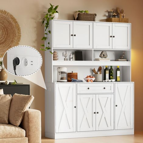 Buffet de cuisine avec plan de travail et prise électrique, 140 × 40 × 185 cm, grand placard de cuisine avec tiroir, étagères réglables et rangements de porte, style campagnard, blanc crème (1/4)
