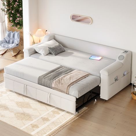 Schlafsofa Beige ausziehbar mit Bluetooth & USB, Polsterbett 90x190 auf 180x190 cm, Gästebett aus Samt mit Stauraum und Lattenrost (1/5)