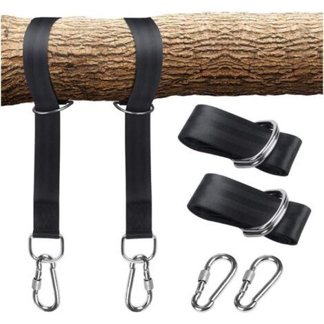 Sangles de Hamac,Ensemble De Harnais Oscillant pour éLingues Suspendues Aux Arbres avec Deux éLingues en Nylon, Deux Mousquetons, Nylon imperméable 150 cm x 5 cm Charge Max 800 kg (Noir) (1/5)