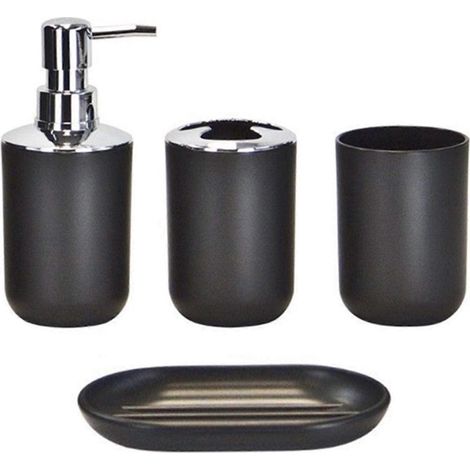 4-teiliges Badezimmer-Accessoire-Set bestehend aus Seifenspender, Zahnbürstenhalter, Zahnbürstenhalter und Seifenschale (schwarz)