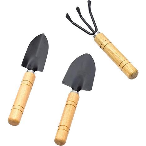Juego de herramientas de jardinería de 3 piezas: minipala, rastrillo y azada con mangos de madera. (1/5)