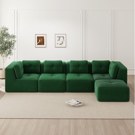 Divano angolare modulare in velluto a coste verde, seduta profonda 74 cm, senza montaggio, base antiscivolo (1/5)