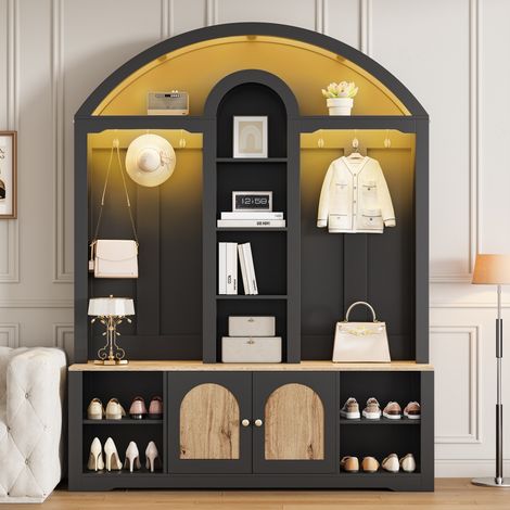 Meuble d'entrée LED 150x40x195cm - avec range-chaussures, étagères et crochets - offrant un espace pratique - MDF robuste - noir (1/5)