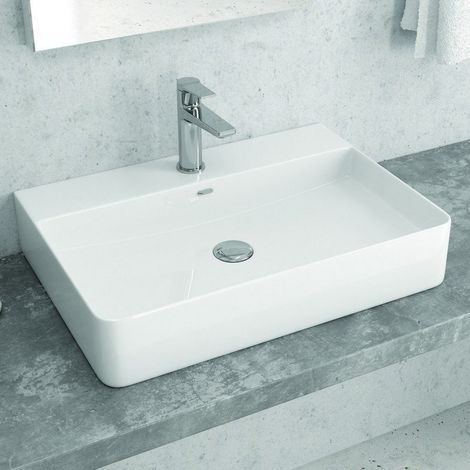 Lavabo appoggio filo muro 60cm ceramica bianca  Litos-0005 kamalu