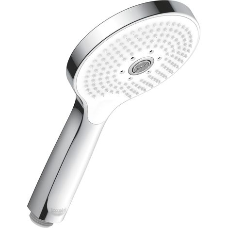 Soffione doccia Duravit Universal, con 3 tipi di getto (Rain, Pulse, Mono), facile da pulire, rotondo (Ø 120 mm), con funzione MinusFlow a risparmio idrico, Cromo/Bianco (1/3)
