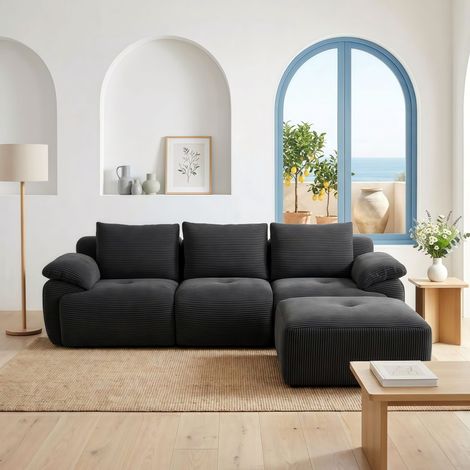 Canapé Modulable 3 Places avec Pouf en Velours Côtelé, Canapé d'Angle Réversible, Style Scandinave, Mousse Haute Densité OEKO-TEX, Sans Montage, Anti-Griffes - Gris (1/5)