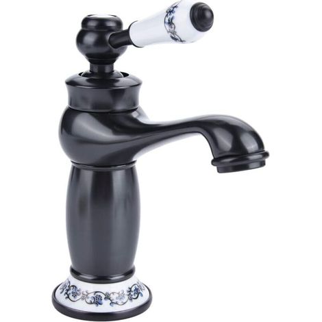 Antique Ceramic Brass Bathroom Faucet Sink Faucet Blue and White Porcelain Long Neck Vintage Basin Mixer Tap Kitchen Hot/Cold Water Faucet (Black) (1/4)