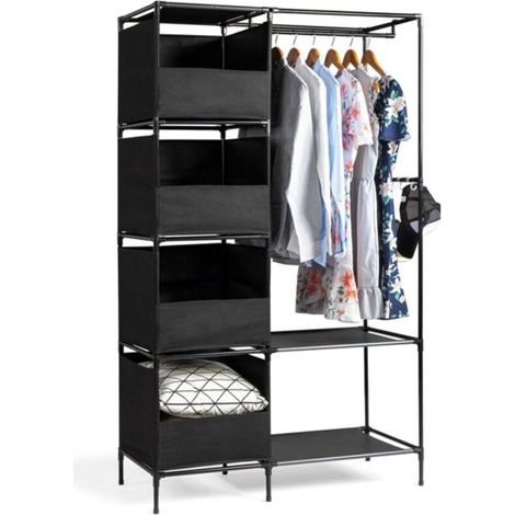 Armoire penderie suspendue 4 niveaux 105x45x170cm noir, dressing tissu avec rideau et rangements (1/5)