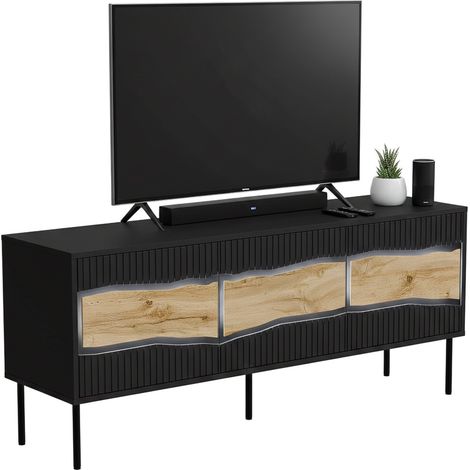 Mueble de TV Novoli, aparador de salón con tres puertas batientes y tres compartimentos interiores, con luces LED, elevado del suelo, 144x40 h62 cm, negro y nudos de roble.