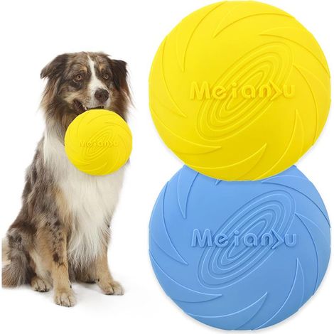2 Pièces Frisbee Jouet pour Chiens Frisbee Chien Freesbee pour Chien Disque à Lancer en Caoutchouc Disque Chien, pour Jeux Sport Exercice Activité et Jeu en Plein(Bleu,Jaune) 18cm, Jeu Chien (1/5)