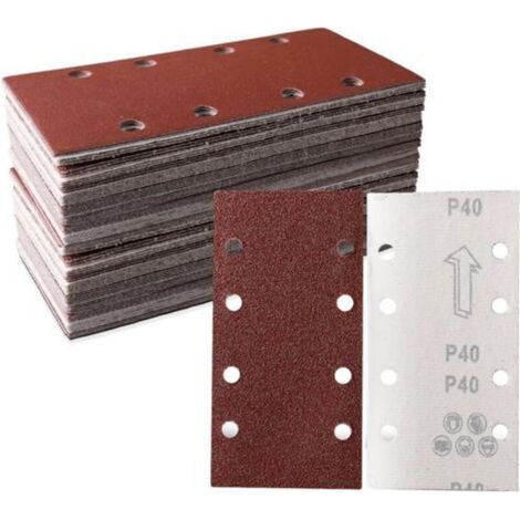 [JAMAIS UTILISÉ] Lot de 50 feuilles abrasives 93 x 185 mm Papier abrasif carré auto agrippant 8 trous 40 grains Idéal pour ponçage, polissage et dérouillage Convient pour ponceuse rectangulaire (1/4)