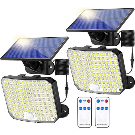 2er-Pack 180 LED-Solar-Flutlichter mit Bewegungssensor und Fernbedienung, IP65 wasserdichte Sicherheitsstrahler