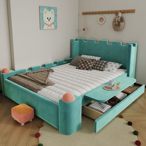 Letto imbottito per bambini 213.5x172.5x90.5 cm, design castello, mensola pieghevole, cassetto contenitore, velluto blu verde (1/5)
