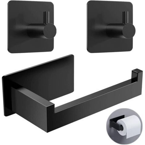 Porte-papier toilette sans perçage, noir, avec 2 crochets porte-serviettes, en acier inoxydable auto-adhésif, pour la cuisine et la salle de bain. (1/4)