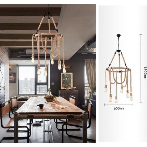 Lampadario sospeso con corda di canapa E27 cerchio portalampada pendente attacco grande design vintage rustico (1/5)