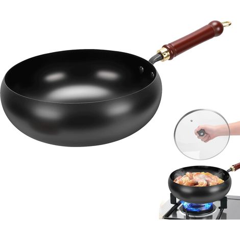 Poêle japonaise en fer avec couvercle en verre, 28 cm, poêle en fer sans revêtement, avec spatule, poêle wok en fonte forgée à la main pour cuisinières électriques, à induction, cuisinières à (1/5)