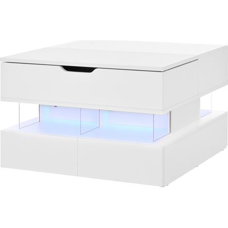 Table basse relevable avec éclairage LED 16 couleurs, plateau en verre, structure en panneaux de particules, blanc (1/5)