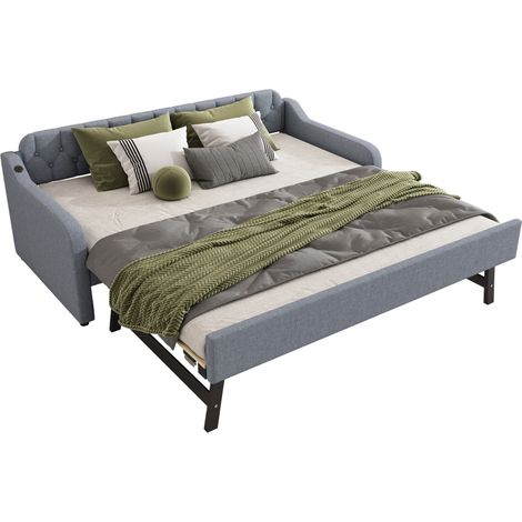 Divano letto 90x200 cm con letto estraibile, porta USB e rete a doghe, in tessuto grigio, stile moderno per piccoli spazi e camera ospiti - CHICFURN (1/5)