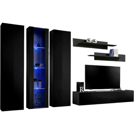 Mobile TV FLY C4 design, colore nero lucido. Mobile sospeso moderno e alla moda per il tuo soggiorno.