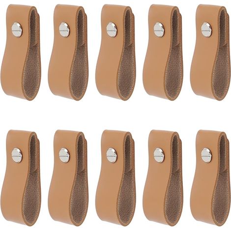 Lot de 10 boutons de commode en cuir synthétique avec vis, poignées de tiroir décoratives en cuir pour meubles d'armoire, marron, 15 cm (1/5)