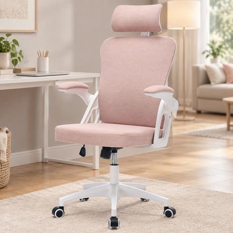 Silla de oficina 58x65x108 cm de tejido rosa y ergonómica con reposacabezas para despacho -FLORAGRACE (1/5)