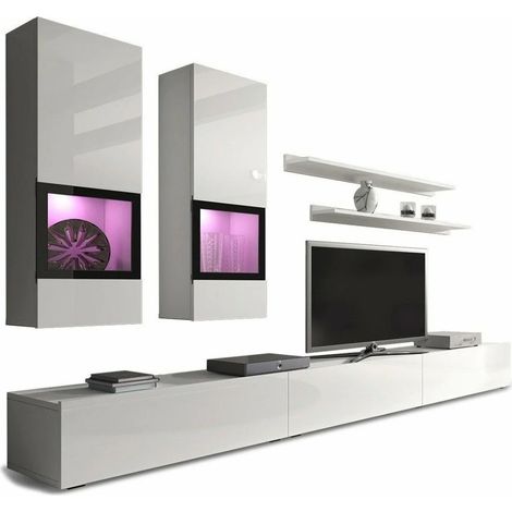 Composizione murale RAMOS - Color bianco lucido - LED multicolori, mobile TV XL, vetrine e scaffali