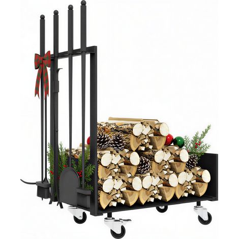 Holzständer mit Rädern, Schaufel, Besen, Schürhaken und Zange für den Innenbereich, 48 x 30 x 76 cm (B x T x H), schwarzes Metall (1/5)
