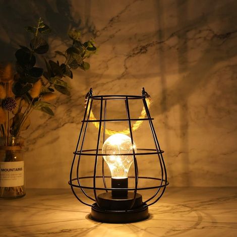 Lámpara de mesa de noche a pilas, 19 cm de altura, inalámbrica, lámpara colgante con bombilla LED Edison para balcón, hogar, patio, dormitorio, bodas, uso interior y exterior (negra). (1/4)