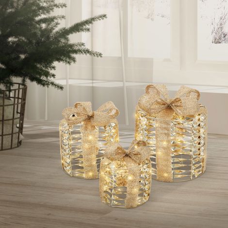 ECD Germany Juego de 3 Cajas de Regalo Doradas Decorativas para Árbol de Navidad con 135 Luces LED Blanco Cálido, Decoración Navideña de Interior Iluminada, con Pilas y Temporizador, Adorno de Alambre (1/5)