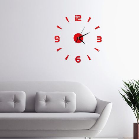 Sticker horloge murale en acrylique miroir 1 mm, décoration murale DIY, style moderne pour la maison, le bureau ou la chambre (rouge) (1/5)