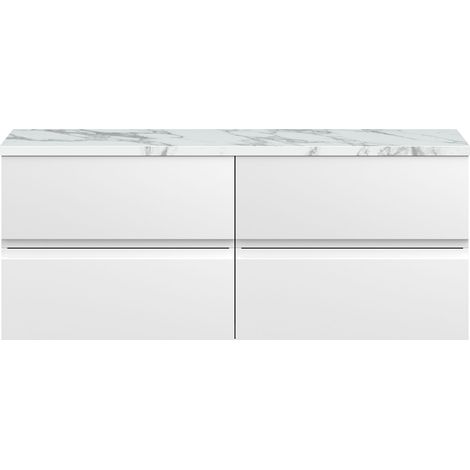 Hudson Reed Urban Wall Hung 4-Drawer Vanity Unit with Carrera Marble Worktop 1200mm Wide - Satin White (1/3)