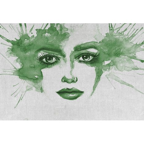 Papier peint panoramique vert aquarelle Tapisserie panoramique verte & blanche visage femme Papier peint panoramique portrait femme pour salon (1/2)