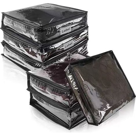 Sacs de rangement transparents et noirs pour vêtements, 40 x 35 x 10 cm, lot de 6 pochettes de rangement pliables à fermeture éclair (1/5)