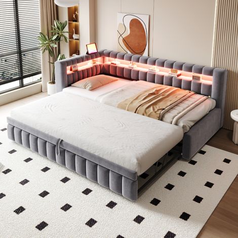 Sofá cama 90 x 200 cm con LED, puertos USB/Type-C y tejido de terciopelo gris DESVIAE (1/5)