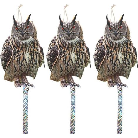 Juego de 3 repelentes reflectantes para pájaros con campanillas en forma de búho. Disuasivo eficaz contra palomas y otras aves.