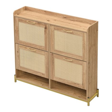 Élégant meuble à chaussures, 4 portes, bois et rotin, cadre métal