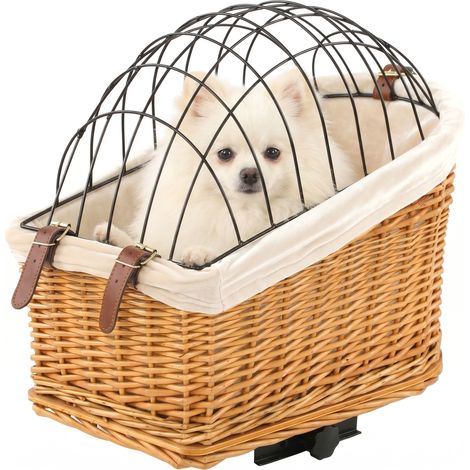 Fahrradkorb für Hunde & Katzen, Handgeflochtener Tierkorb mit Metallabdeckung & weichem Kissen, Hellbraun (1/5)